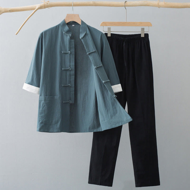 Buddha Stones Tradizionale Rana-Bottone Tang Suit Cotone Mezza Manica Top Pantaloni Abbigliamento Uomo Set