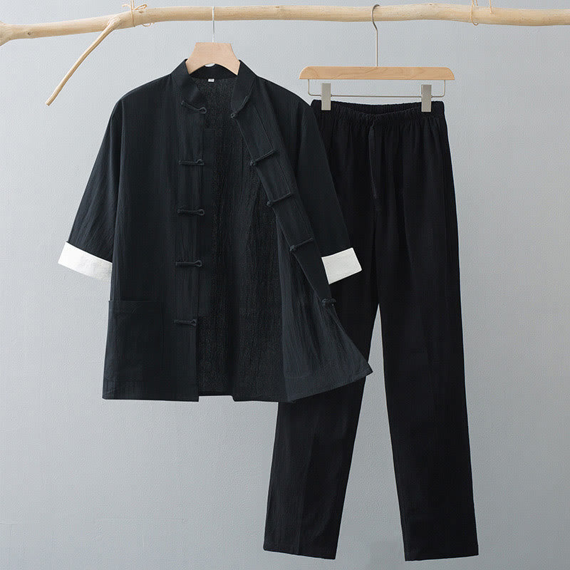 Buddha Stones Tradizionale Rana-Bottone Tang Suit Cotone Mezza Manica Top Pantaloni Abbigliamento Uomo Set
