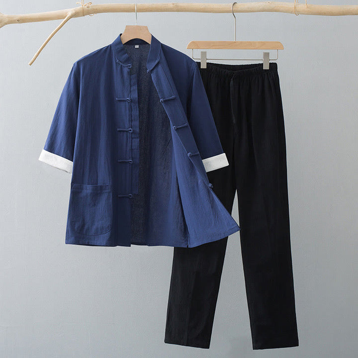 Completo tradizionale da uomo Buddha Stones e pantaloni a mezza manica in cotone. - Maglia blu navy e pantaloni neri - US/UK/AU44, EU54 (4XL)  - image 8