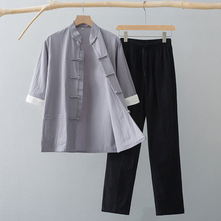 Buddha Stones Tradizionale Rana-Bottone Tang Suit Cotone Mezza Manica Top Pantaloni Abbigliamento Uomo Set