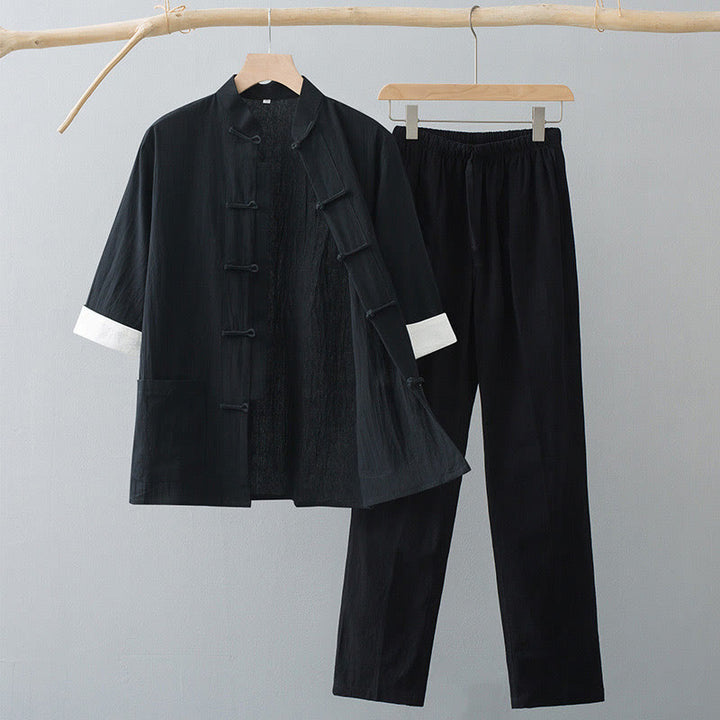 Buddha Stones Tradizionale Rana-Bottone Tang Suit Cotone Mezza Manica Top Pantaloni Abbigliamento Uomo Set - Top nero e pantaloni neri - US/UK/AU44, EU54 (4XL)  - image 9