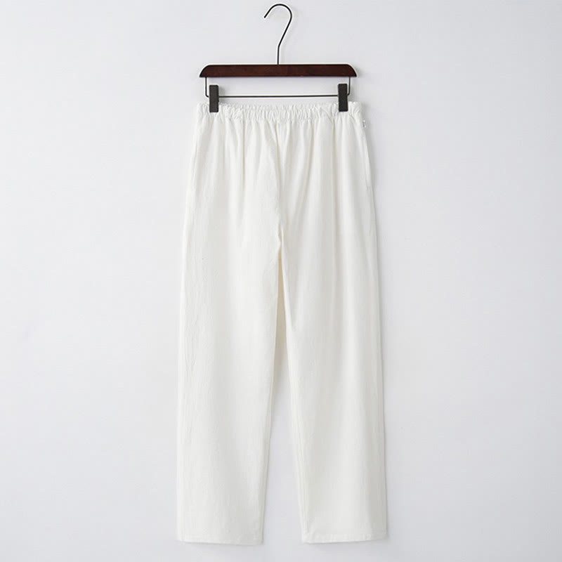 Pantaloni casual con coulisse in cotone e lino tinta unita da uomo Buddha Stones con tasche - Bianco - US/UK/AU44, EU54 (4XL)  - image 9