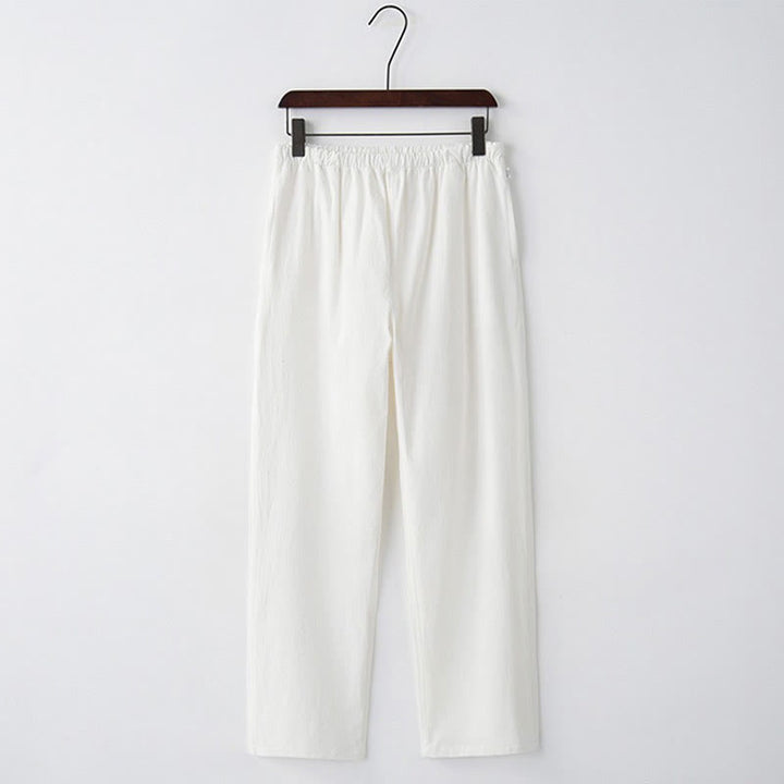 Pantaloni casual con coulisse in cotone e lino tinta unita da uomo Buddha Stones con tasche - Bianco - US/UK/AU44, EU54 (4XL)  - image 9
