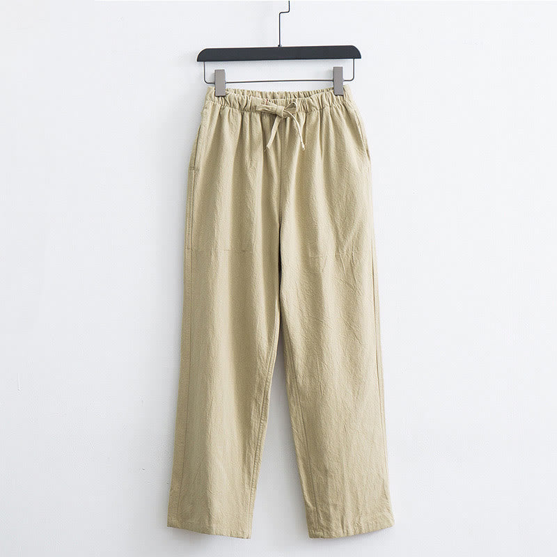 Pantaloni casual con coulisse in cotone e lino tinta unita da uomo Buddha Stones con tasche - PapayaWhip - US/UK/AU44, EU54 (4XL)  - image 0