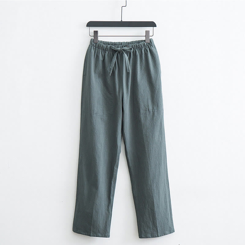 Pantaloni casual con coulisse in cotone e lino tinta unita da uomo Buddha Stones con tasche - Verde Mare Scuro - US/UK/AU44, EU54 (4XL)  - image 11