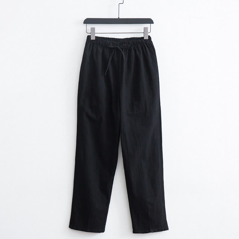 Pantaloni casual con coulisse in cotone e lino tinta unita da uomo Buddha Stones con tasche - Nero - US/UK/AU44, EU54 (4XL)  - image 1