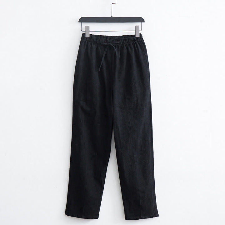 Pantaloni casual con coulisse in cotone e lino tinta unita da uomo Buddha Stones con tasche - Nero - US/UK/AU44, EU54 (4XL)  - image 1