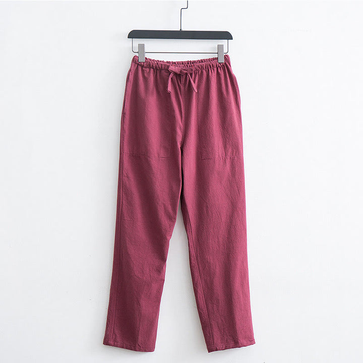 Pantaloni casual con coulisse in cotone e lino tinta unita da uomo Buddha Stones con tasche - Corallo chiaro - US/UK/AU44, EU54 (4XL)  - image 10