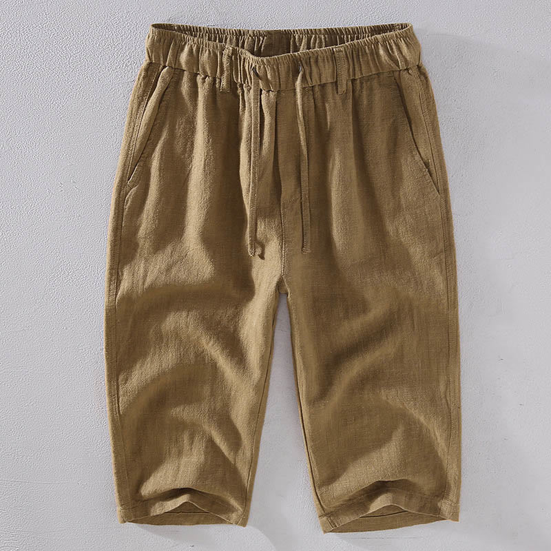 Pantaloni corti con coulisse in lino ramiè tinta unita da uomo Buddha Stones con tasche - BurlyWood - US/UK/AU42, EU52 (3XL)  - image 13