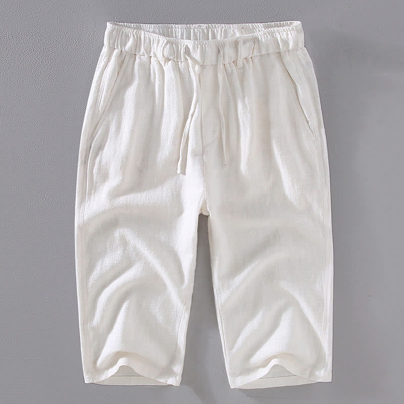 Pantaloni corti con coulisse in lino ramiè tinta unita da uomo Buddha Stones con tasche - Bianco - US/UK/AU42, EU52 (3XL)  - image 10