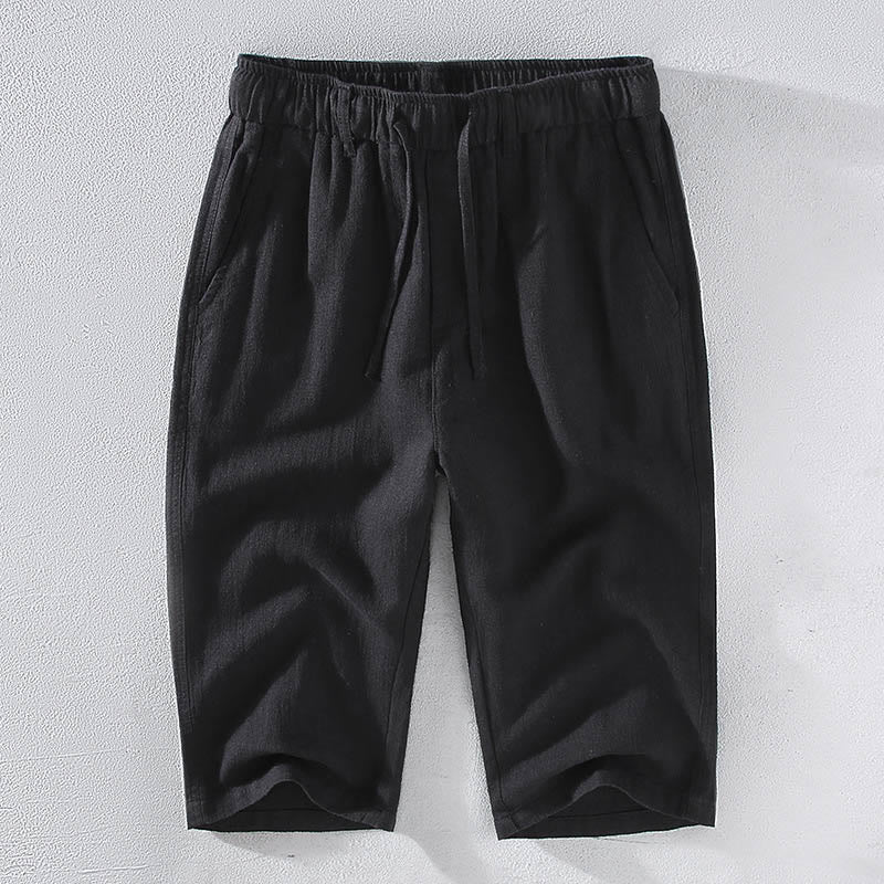 Pantaloni corti con coulisse in lino ramiè tinta unita da uomo Buddha Stones con tasche - Nero - US/UK/AU42, EU52 (3XL)  - image 10