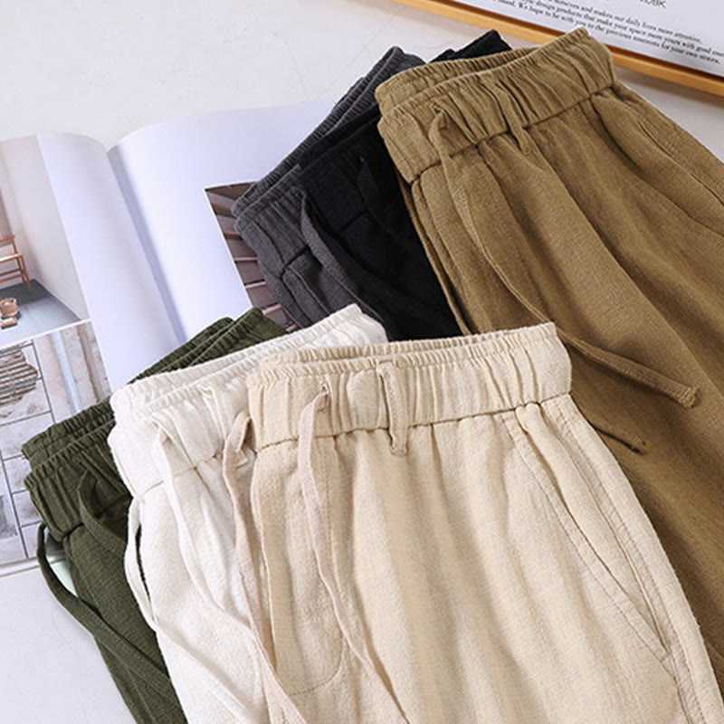 Pantaloni corti con coulisse in lino ramiè tinta unita da uomo Buddha Stones con tasche - image 15