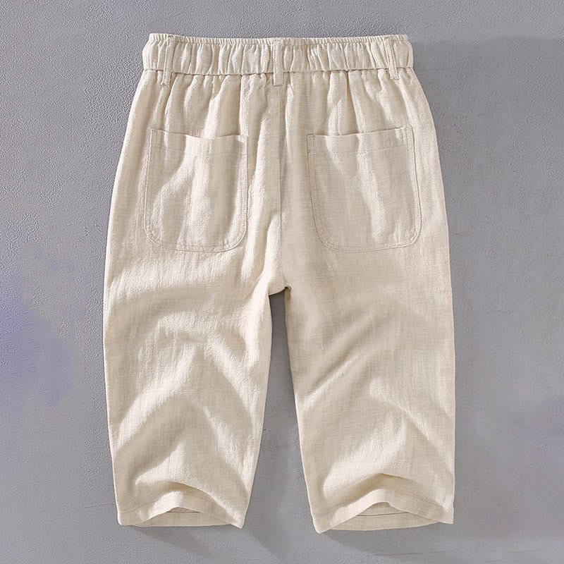 Pantaloni corti con coulisse in lino ramiè tinta unita da uomo Buddha Stones con tasche - image 1