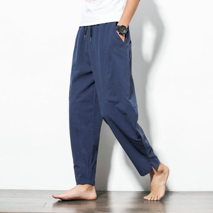 Pantaloni casual da uomo Buddha Stones in cotone tinta unita con coulisse e tasche