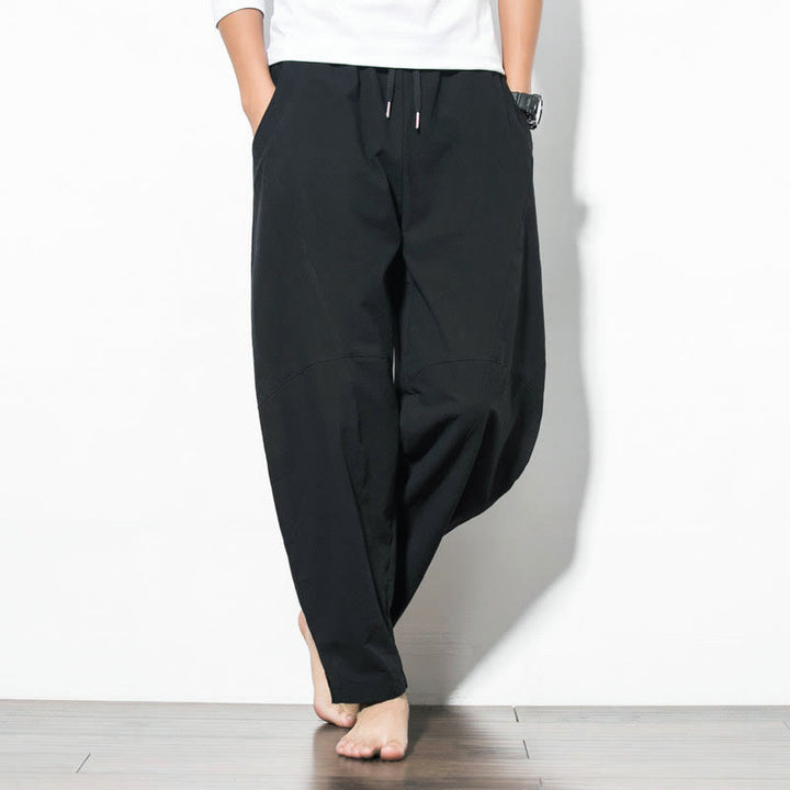 Pantaloni casual da uomo Buddha Stones in cotone tinta unita con coulisse e tasche - Nero - US/UK/AU50, EU60 (5XL) - image 11