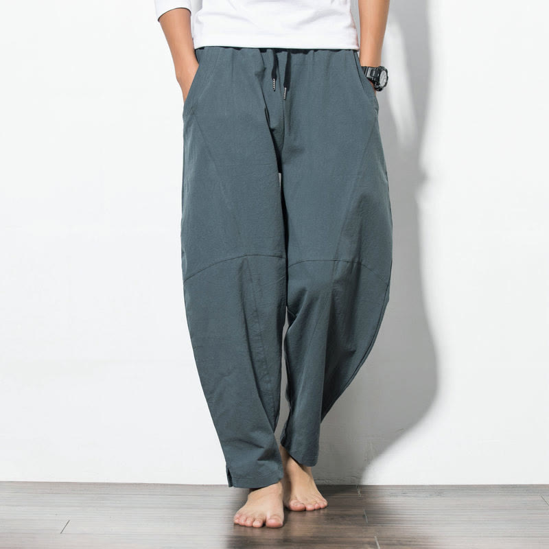Pantaloni casual da uomo Buddha Stones in cotone tinta unita con coulisse e tasche - DarkSeaGreen - US/UK/AU50, EU60 (5XL) - image 1