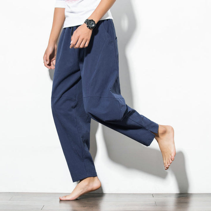 Pantaloni casual da uomo Buddha Stones in cotone tinta unita con coulisse e tasche - image 14
