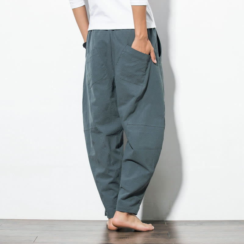 Pantaloni casual da uomo Buddha Stones in cotone tinta unita con coulisse e tasche