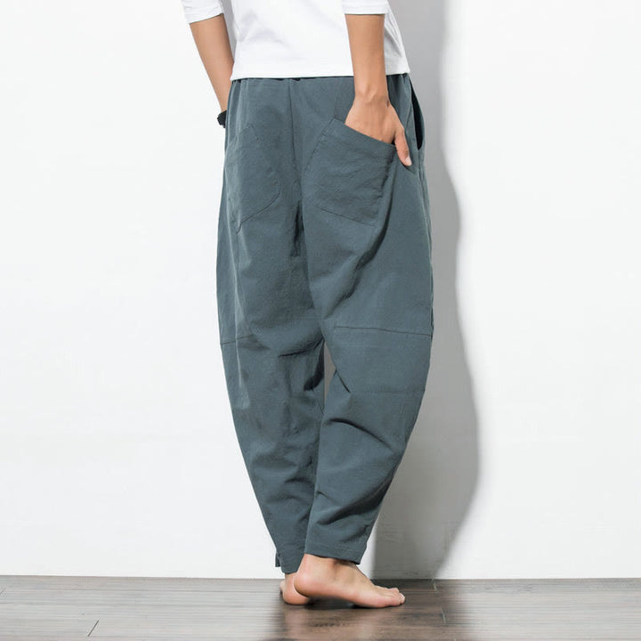 Pantaloni casual da uomo Buddha Stones in cotone tinta unita con coulisse e tasche