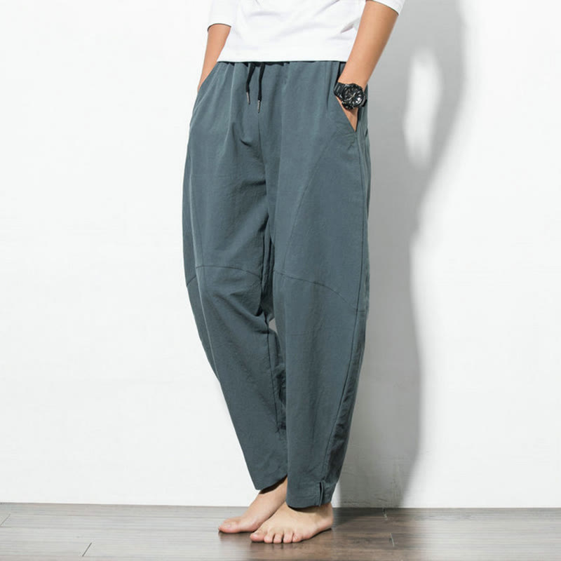 Pantaloni casual da uomo Buddha Stones in cotone tinta unita con coulisse e tasche - image 2