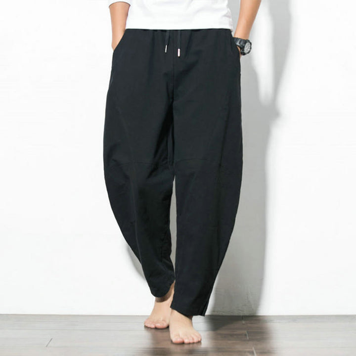 Pantaloni casual da uomo Buddha Stones in cotone tinta unita con coulisse e tasche