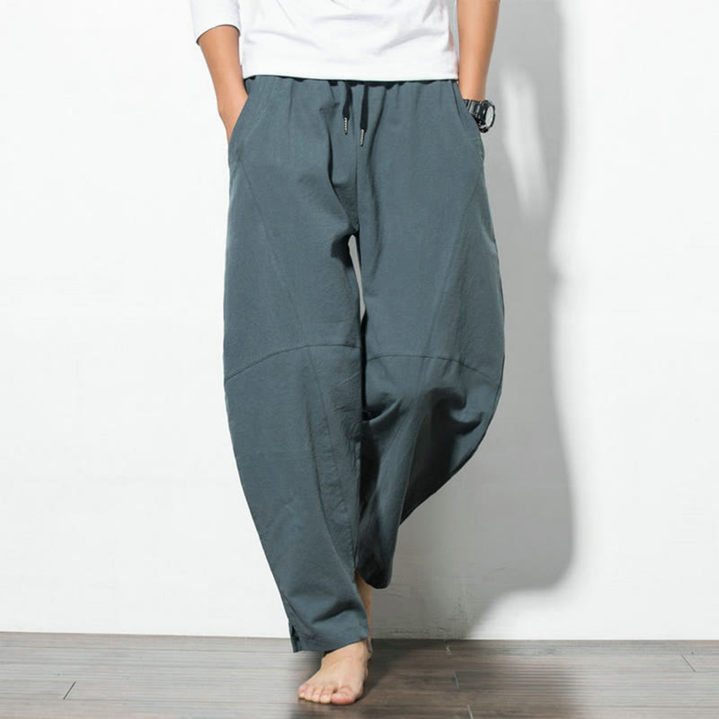 Pantaloni casual da uomo Buddha Stones in cotone tinta unita con coulisse e tasche - image 5