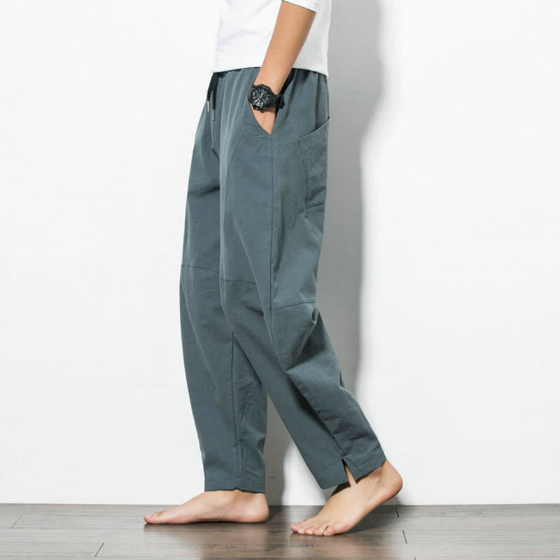 Pantaloni casual da uomo Buddha Stones in cotone tinta unita con coulisse e tasche - image 5