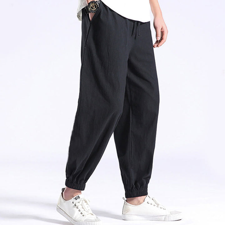 Pantaloni harem casual da uomo in cotone e lino tinta unita con tasche , Buddha Stones