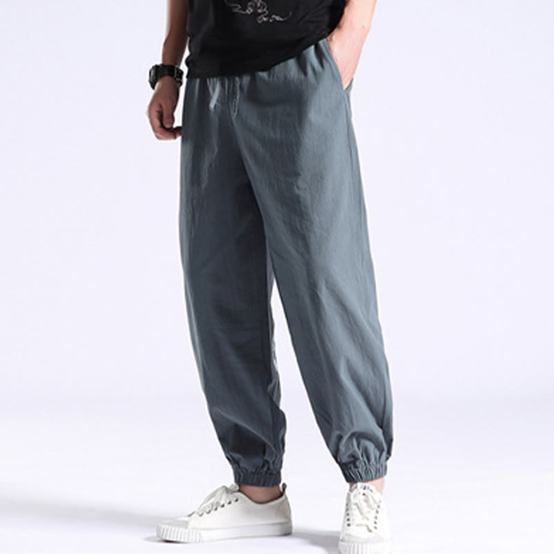 Pantaloni harem casual da uomo in cotone e lino tinta unita con tasche , Buddha Stones