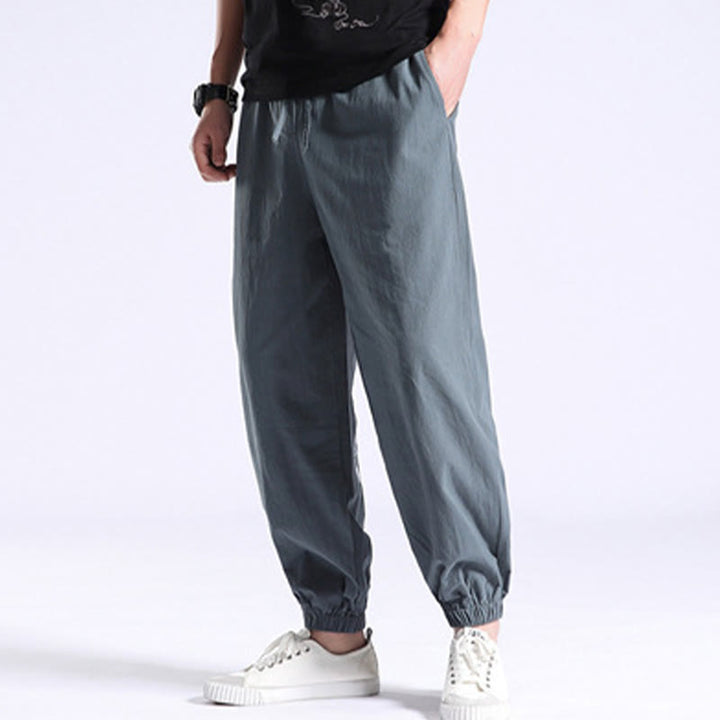 Pantaloni harem casual da uomo in cotone e lino tinta unita con tasche , Buddha Stones