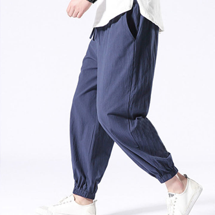 Pantaloni harem casual da uomo in cotone e lino tinta unita con tasche , Buddha Stones