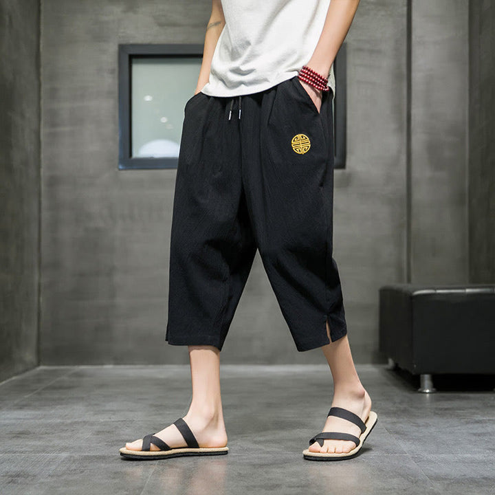 Pantaloni corti da uomo in lino con coulisse e tasche Buddha Stones Summer - Nero - US/UK/AU44, EU54 (5XL) - image 9