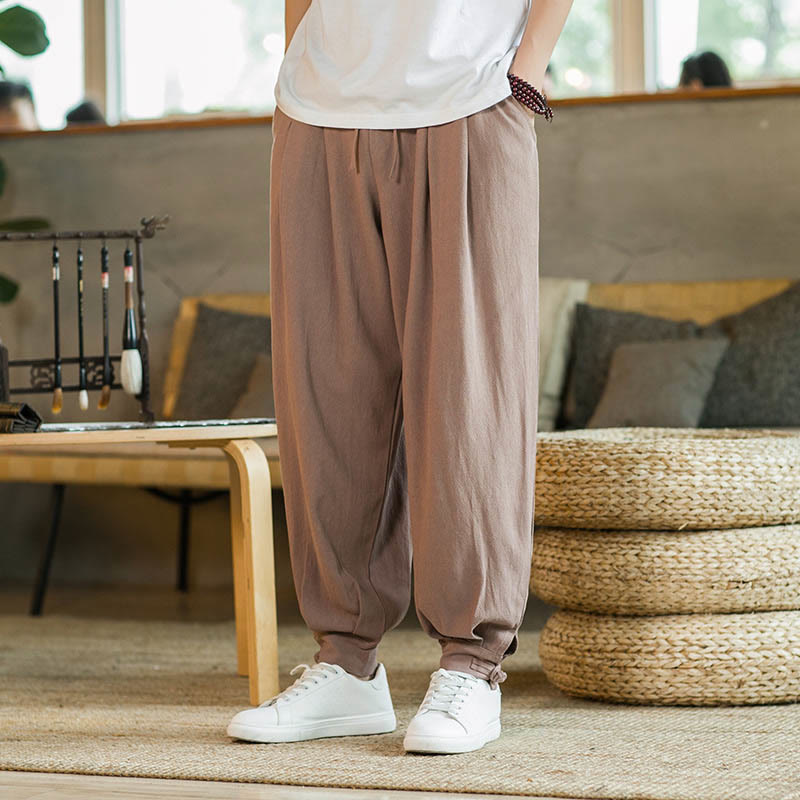 Pantaloni affusolati da uomo in cotone e lino con tasche , Buddha Stones Summer Plain - SandyBrown - US/UK/AU48, EU58 (5XL)  - image 10