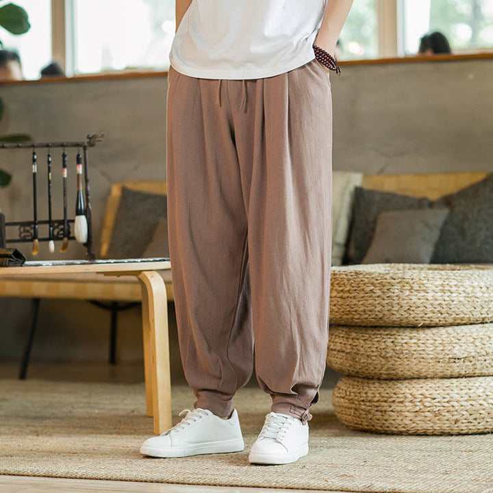Pantaloni affusolati da uomo in cotone e lino con tasche , Buddha Stones Summer Plain - SandyBrown - US/UK/AU48, EU58 (5XL)  - image 10