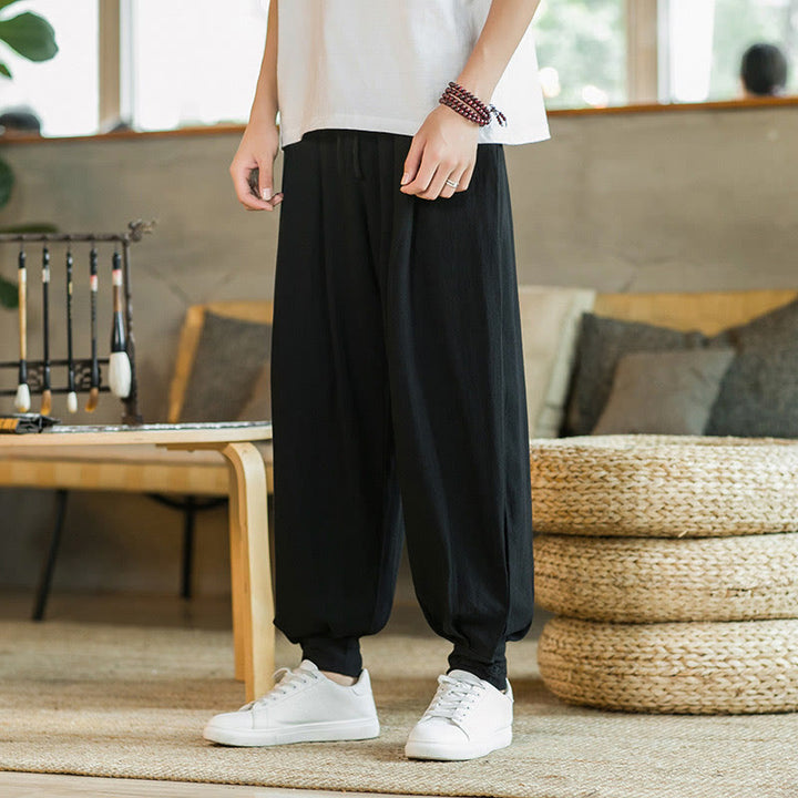Pantaloni affusolati da uomo in cotone e lino con tasche , Buddha Stones Summer Plain - Nero - US/UK/AU48, EU58 (5XL)  - image 18