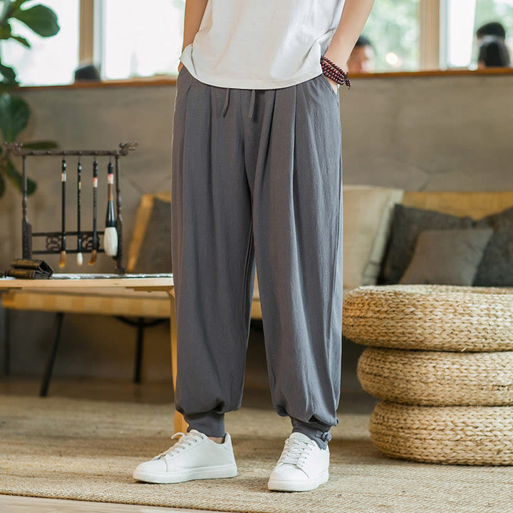 Pantaloni affusolati da uomo in cotone e lino con tasche , Buddha Stones Summer Plain