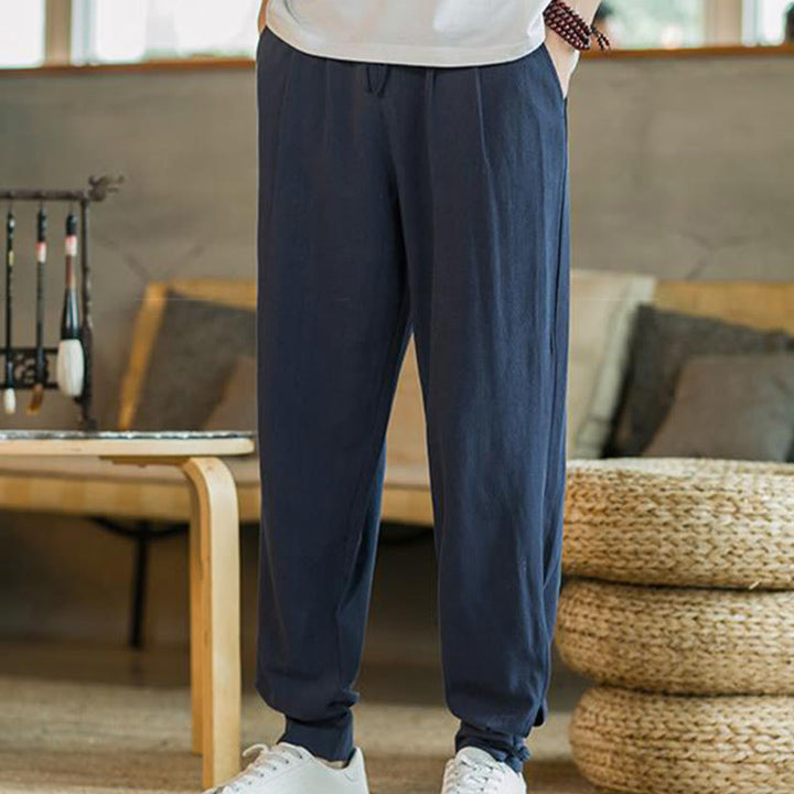 Pantaloni affusolati da uomo in cotone e lino con tasche , Buddha Stones Summer Plain