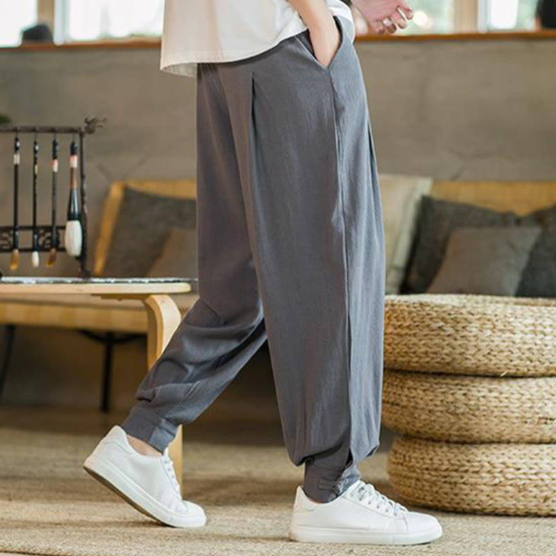 Pantaloni affusolati da uomo in cotone e lino con tasche , Buddha Stones Summer Plain