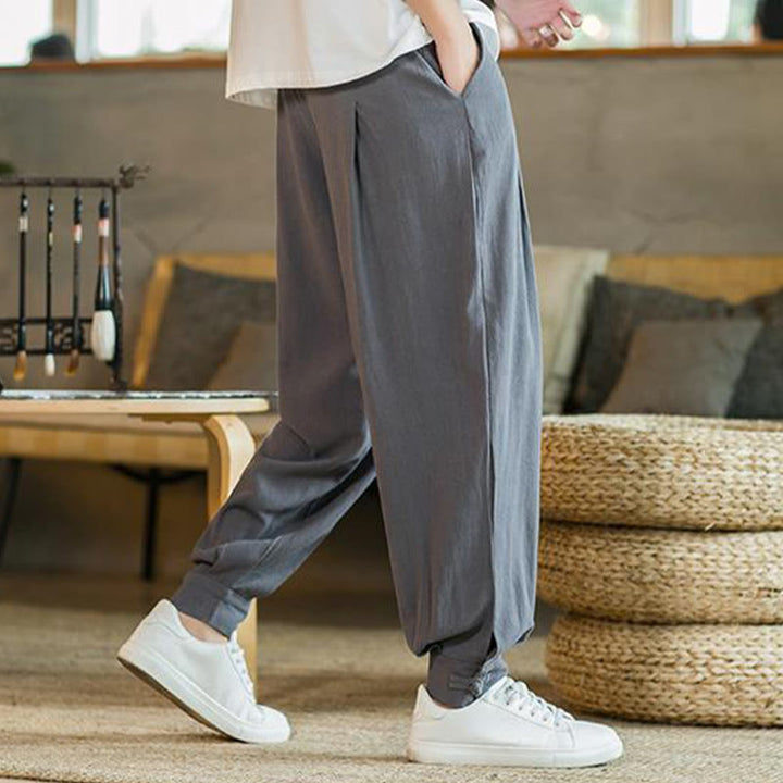 Pantaloni affusolati da uomo in cotone e lino con tasche , Buddha Stones Summer Plain