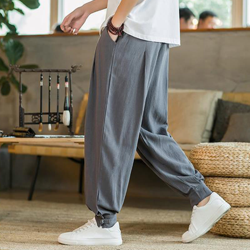 Pantaloni affusolati da uomo in cotone e lino con tasche , Buddha Stones Summer Plain - image 3