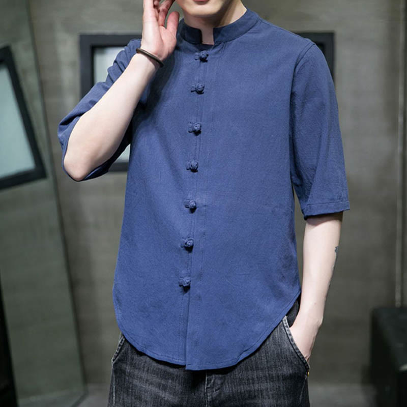 Camicia da uomo in cotone a mezza manica con motivo Buddha Stones, tinta unita