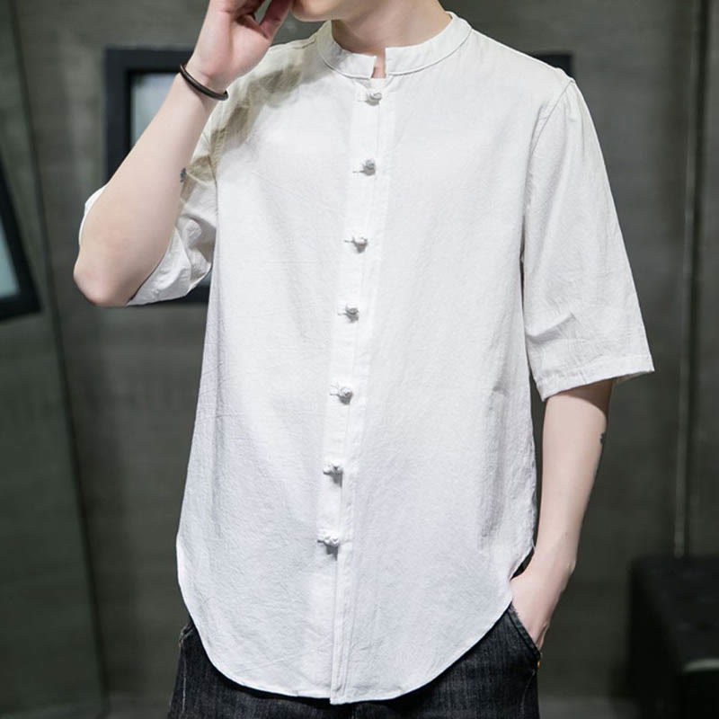 Camicia da uomo in cotone a mezza manica con motivo Buddha Stones, tinta unita - image 1