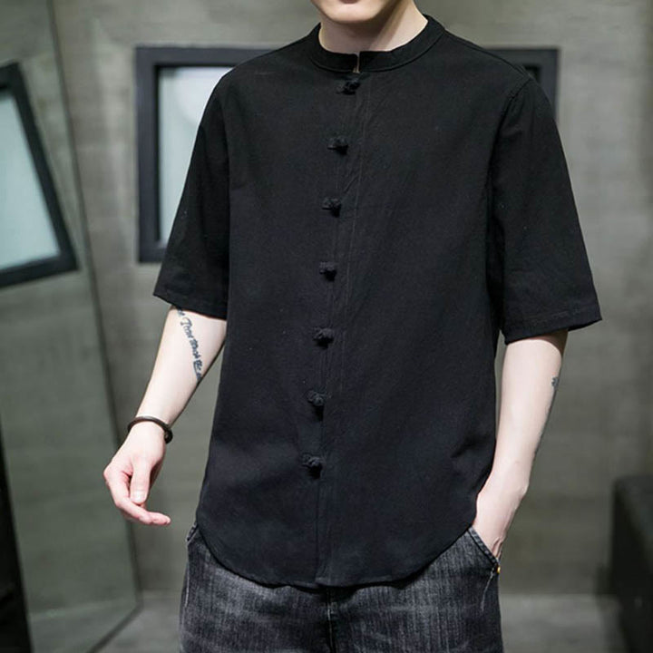 Camicia da uomo in cotone a mezza manica con motivo Buddha Stones, tinta unita - image 18