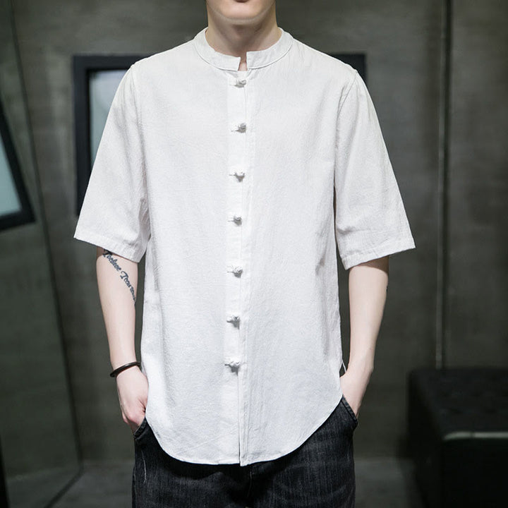 Camicia da uomo in cotone a mezza manica con motivo Buddha Stones, tinta unita - Bianco - US/UK/AU46, EU56 (5XL)  - image 0