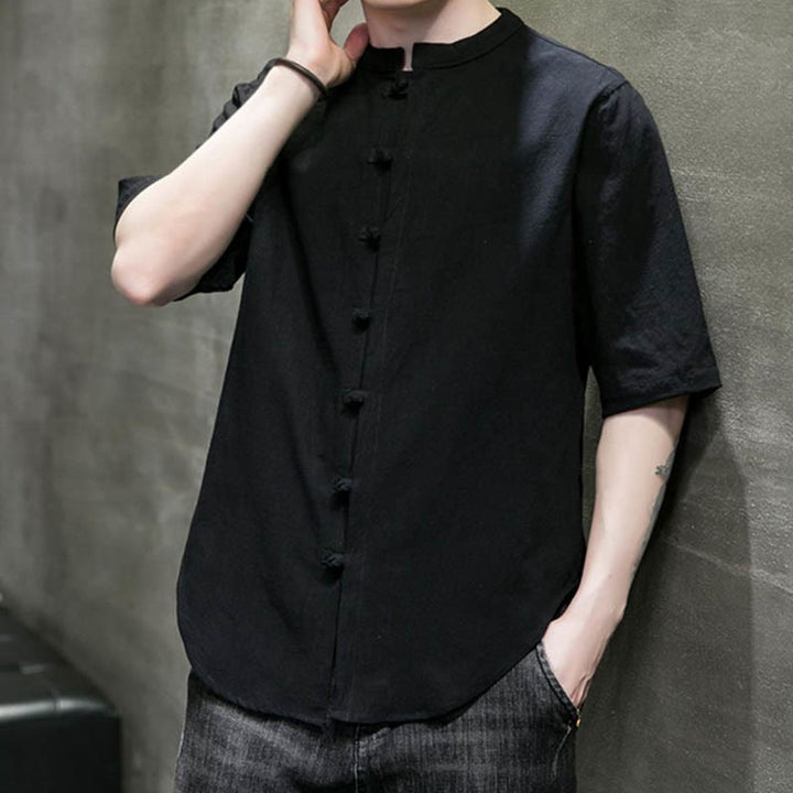 Camicia da uomo in cotone a mezza manica con motivo Buddha Stones, tinta unita