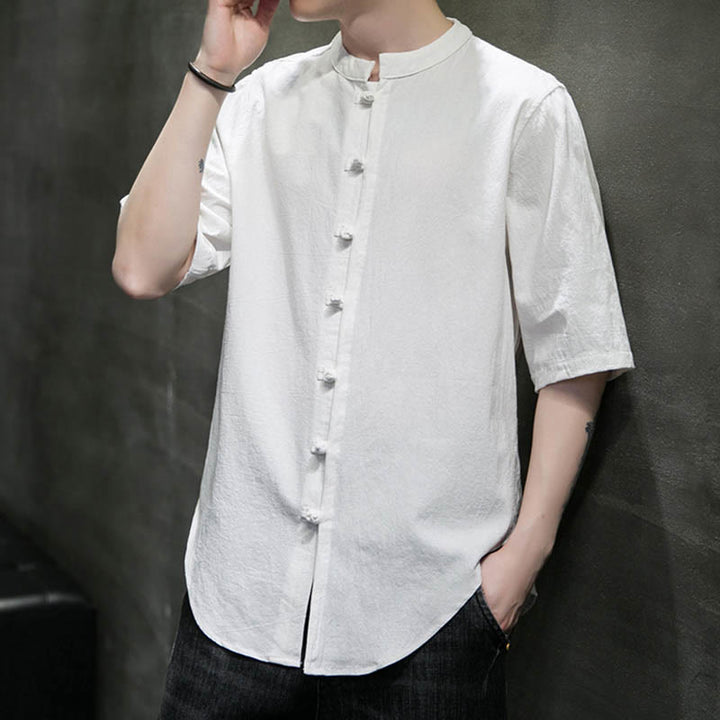 Camicia da uomo in cotone a mezza manica con motivo Buddha Stones, tinta unita - image 7