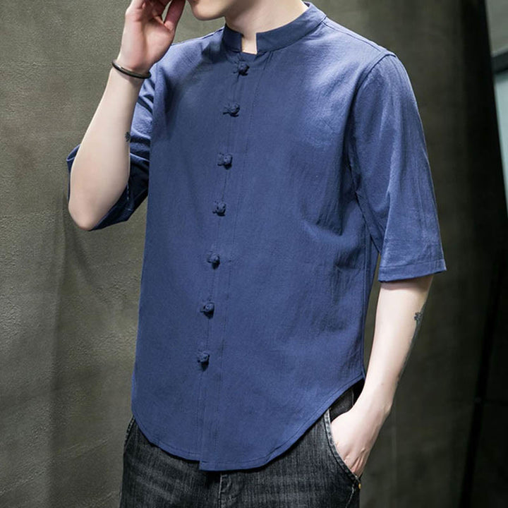 Camicia da uomo in cotone a mezza manica con motivo Buddha Stones, tinta unita - image 25