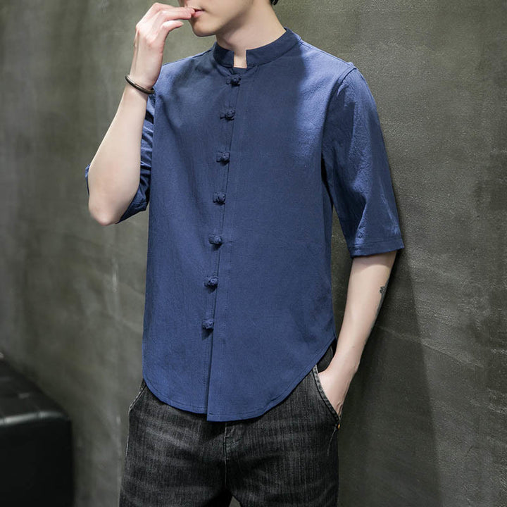Camicia da uomo in cotone a mezza manica con motivo Buddha Stones, tinta unita
