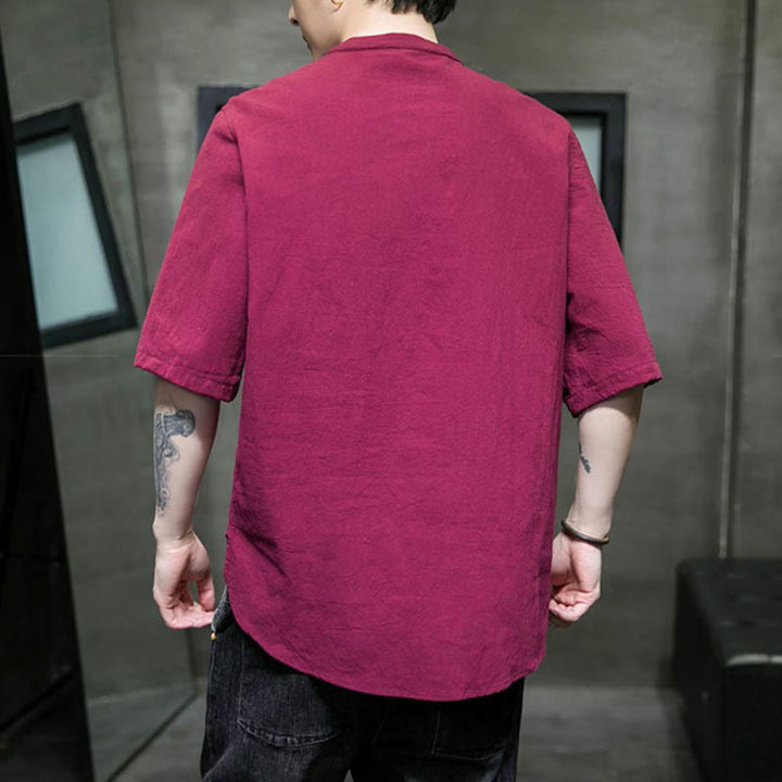 Camicia da uomo in cotone a mezza manica con motivo Buddha Stones, tinta unita