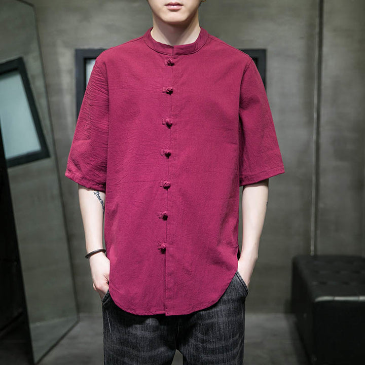 Camicia da uomo in cotone a mezza manica con motivo Buddha Stones, tinta unita